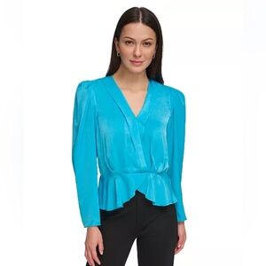 DNKY Women's Surplice V-Neck Shirred Shoulder Peplum Top Sz XL